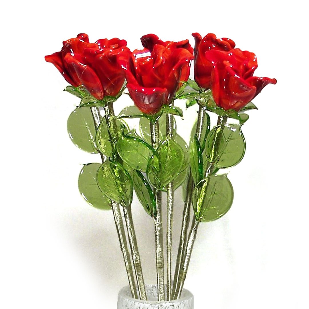 Long Stem Red Roses, Set of 6 Murano Glass Flowers